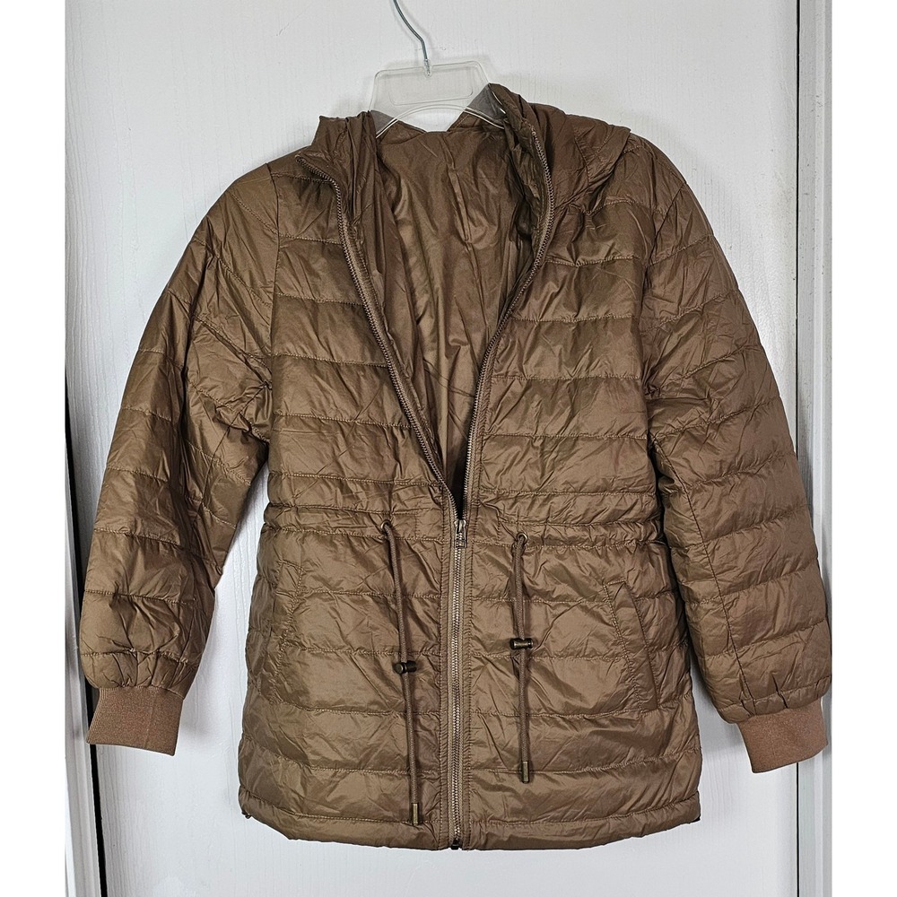 Brown Hooded Quilted Puffer Jacket Women Lightweight Drawstring Waist Coat